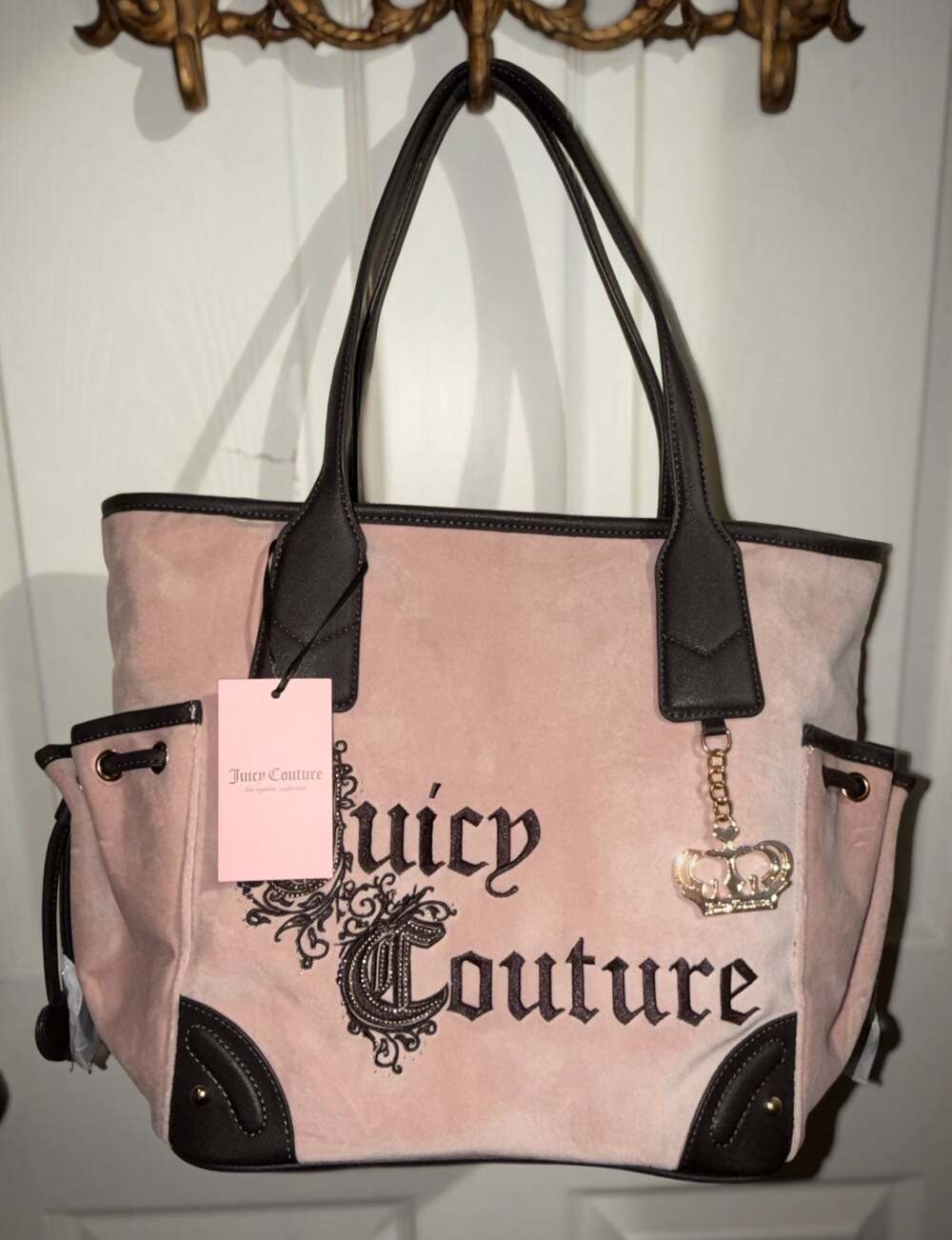 Juicy Couture Pink Velour Tote Bag with Crown Charm